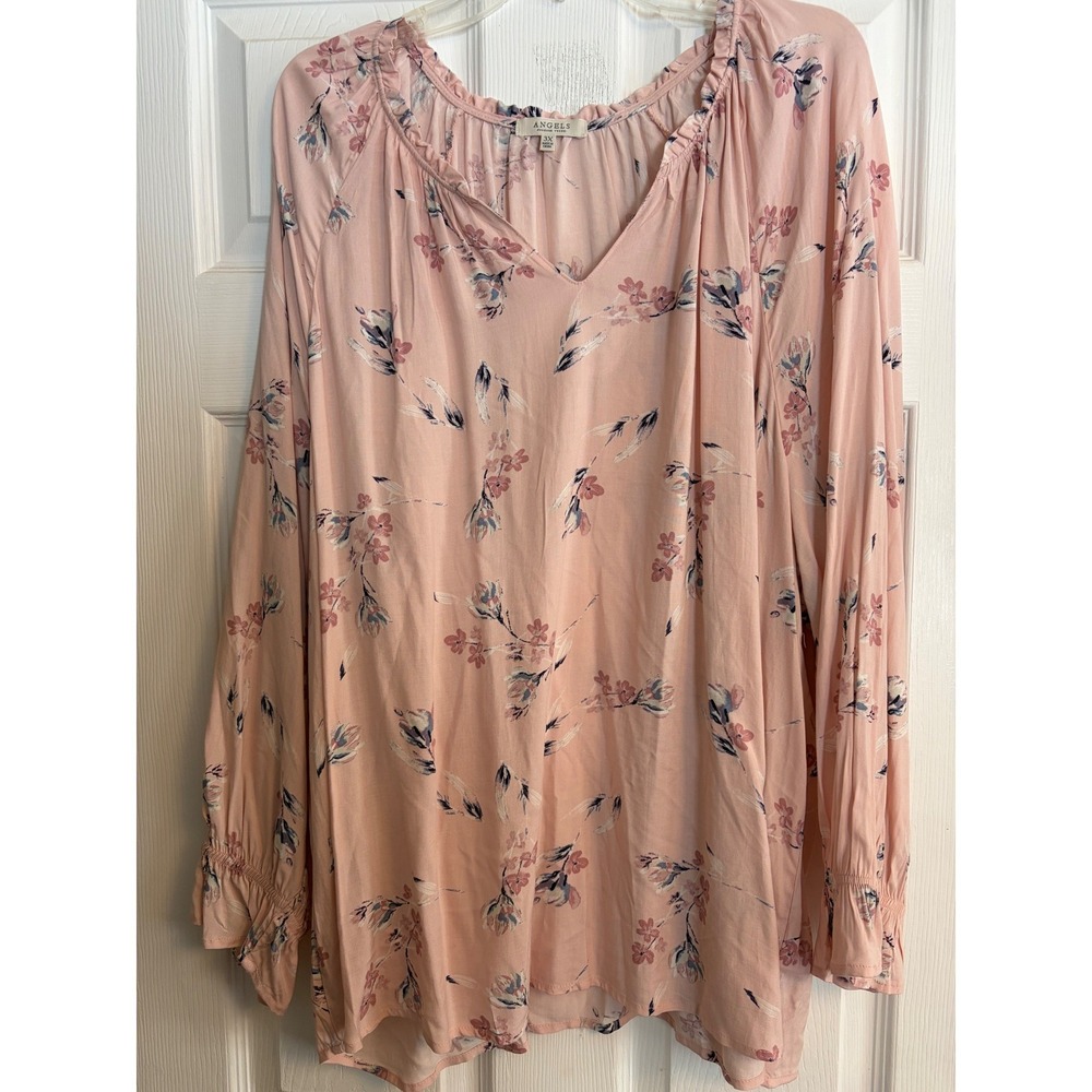ANGELS Pink Floral Print Long Sleeve‎ Ruffle V Neck Blouse Top 3X Peasant